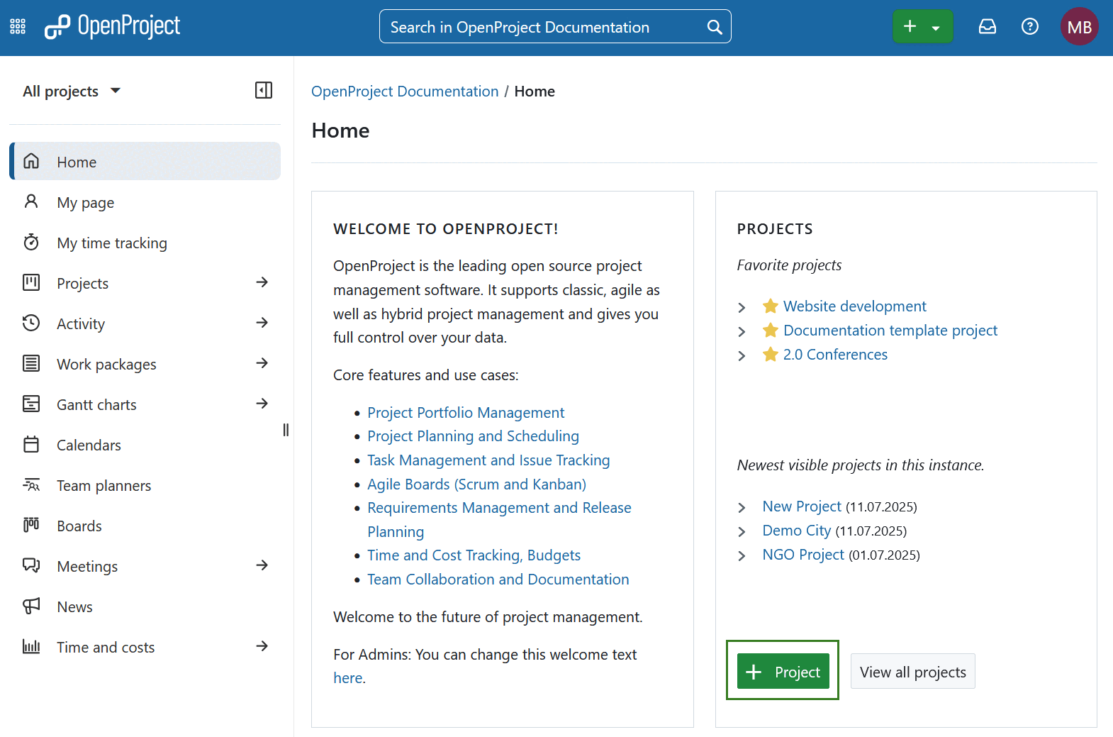 Button to create a new project on the OpenProject homepage