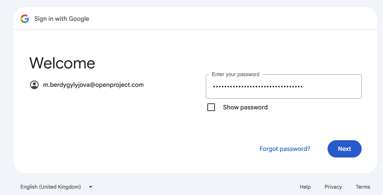 Screen to enter a password for google sign in into an OpenProject instance
