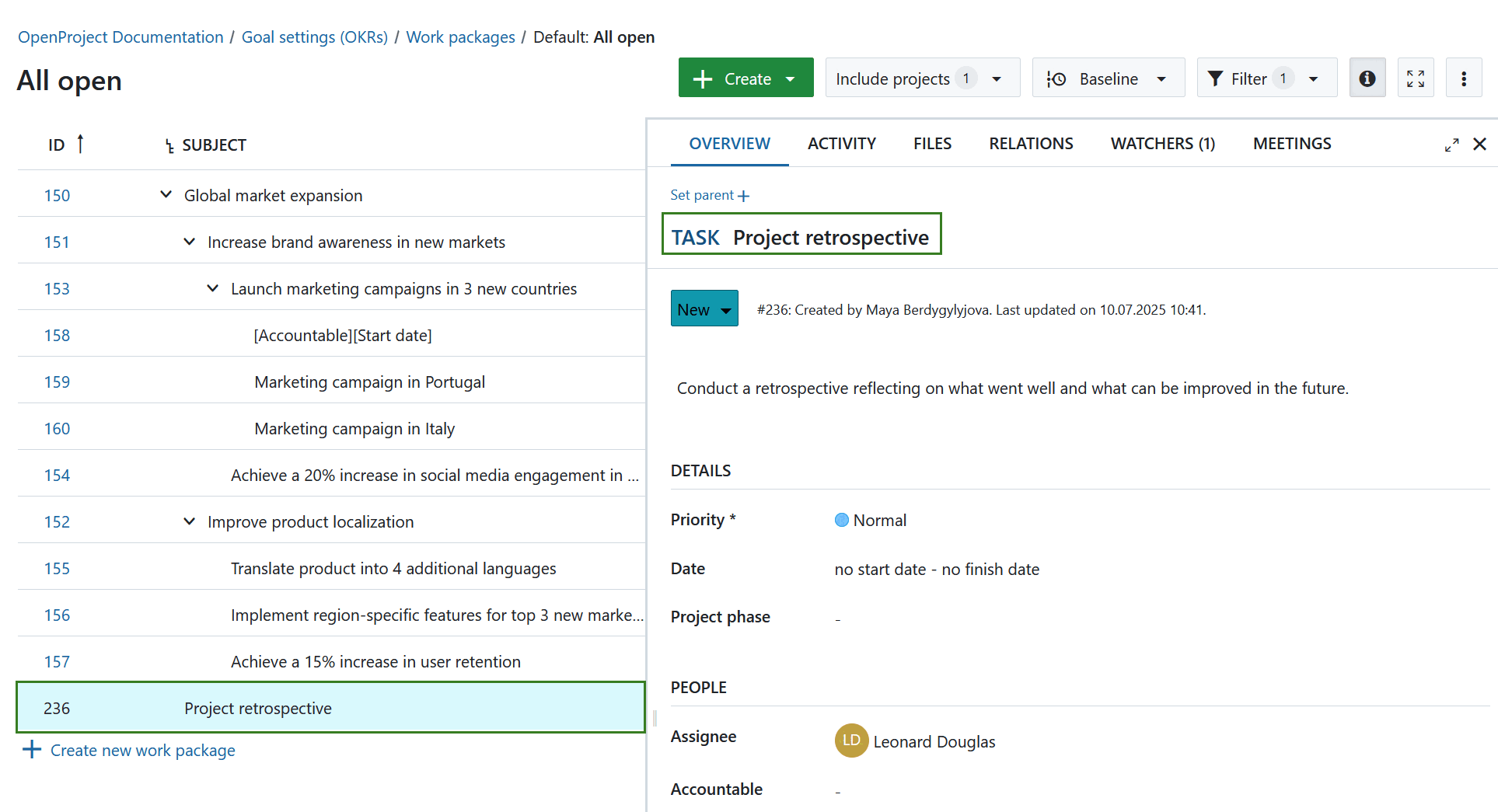Newly created work package is displayed in the work packages list in OpenProject