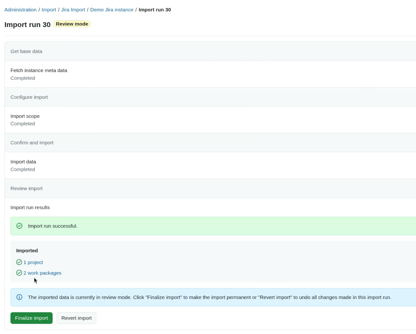 Finalize or revert import buttons in review mode