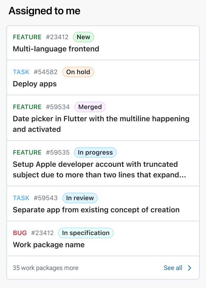 Home dashboard displaying “work packages assigned to me” widget in the OpenProject mobile app