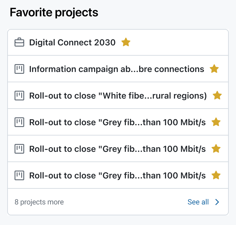 Home dashboard displaying “favorite projects” widget in the OpenProject mobile app