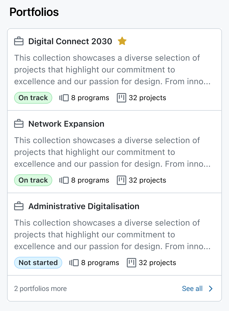 Home dashboard displaying “portfolios” widget in the OpenProject mobile app