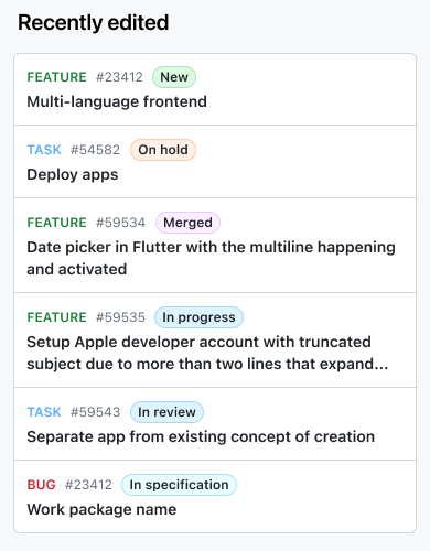 Home dashboard displaying “work packages recently edited” widget in the OpenProject mobile app