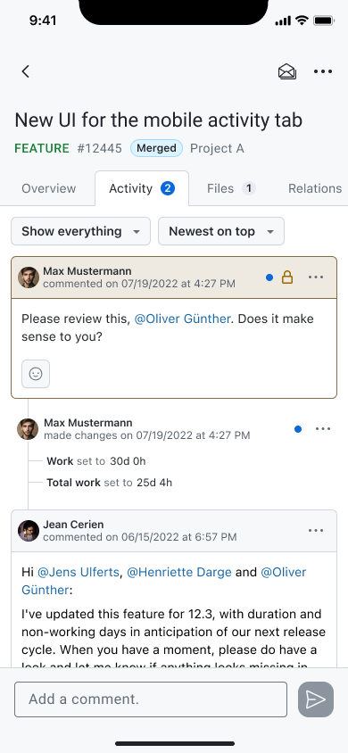 OpenProject mobile app work package activity tab
