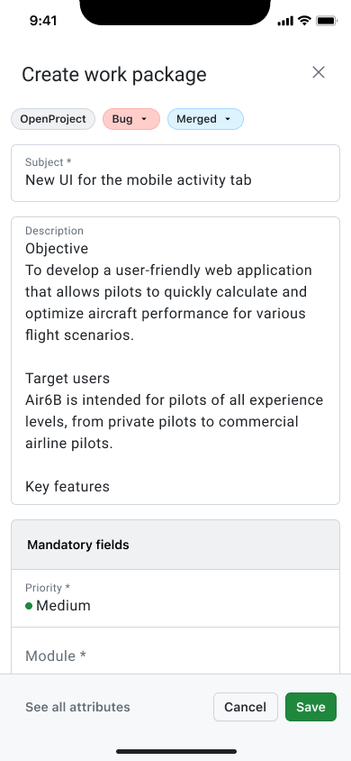 Work package creation details modal in the OpenProject mobile app