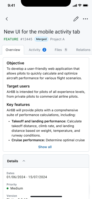 Work package details on the overview tab in the OpenProject mobile app