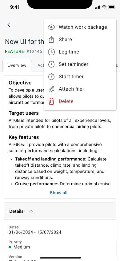 Work package details with the more actions menu open in the OpenProject mobile app