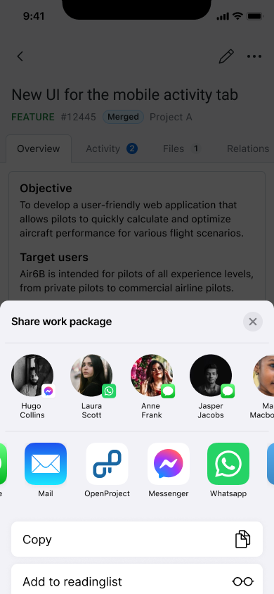Work package details sharing bottom sheet open in the OpenProject mobile app