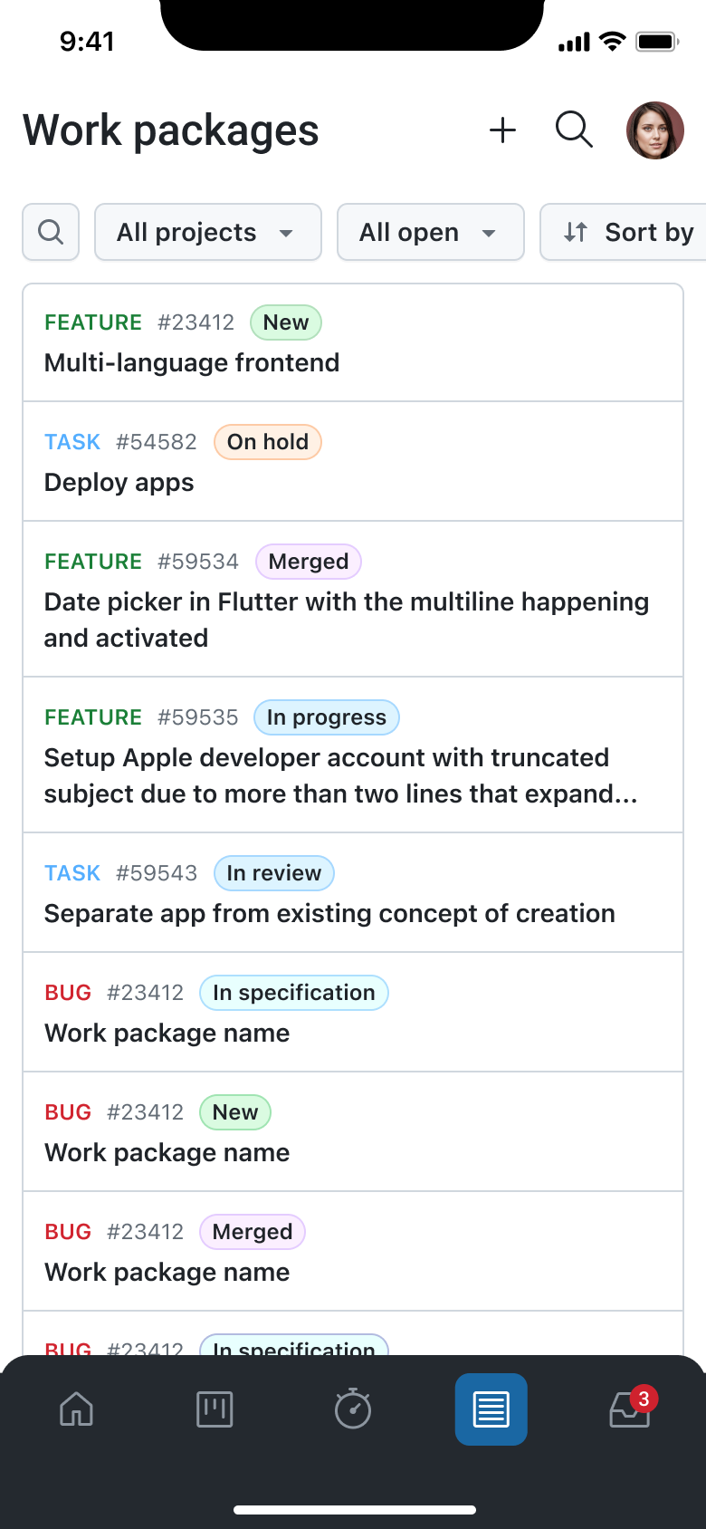 Work packages index page in the OpenProject mobile app