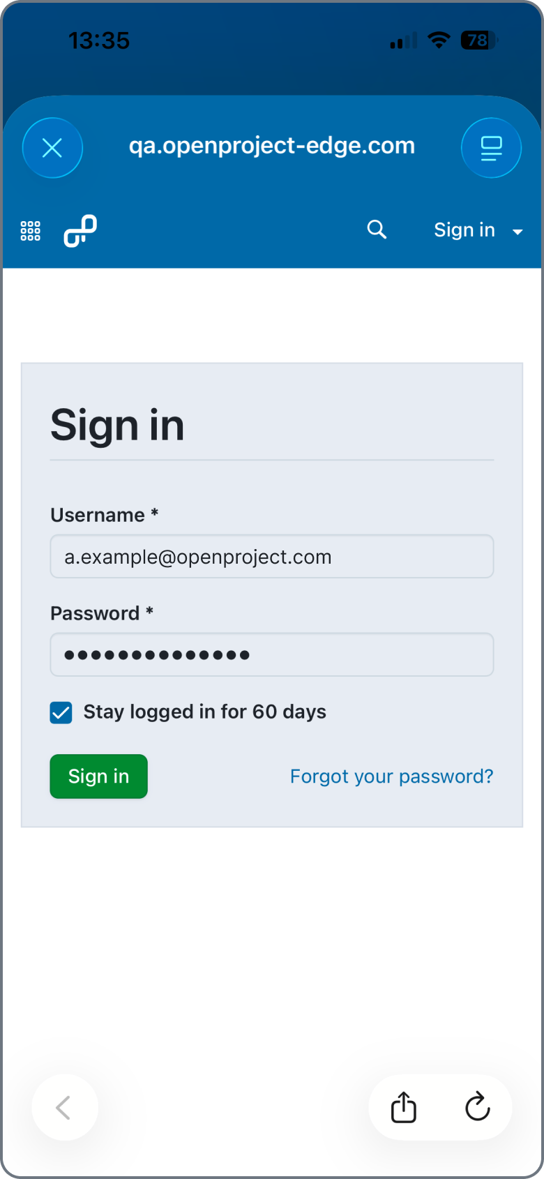 Mobile app browser sign in screen