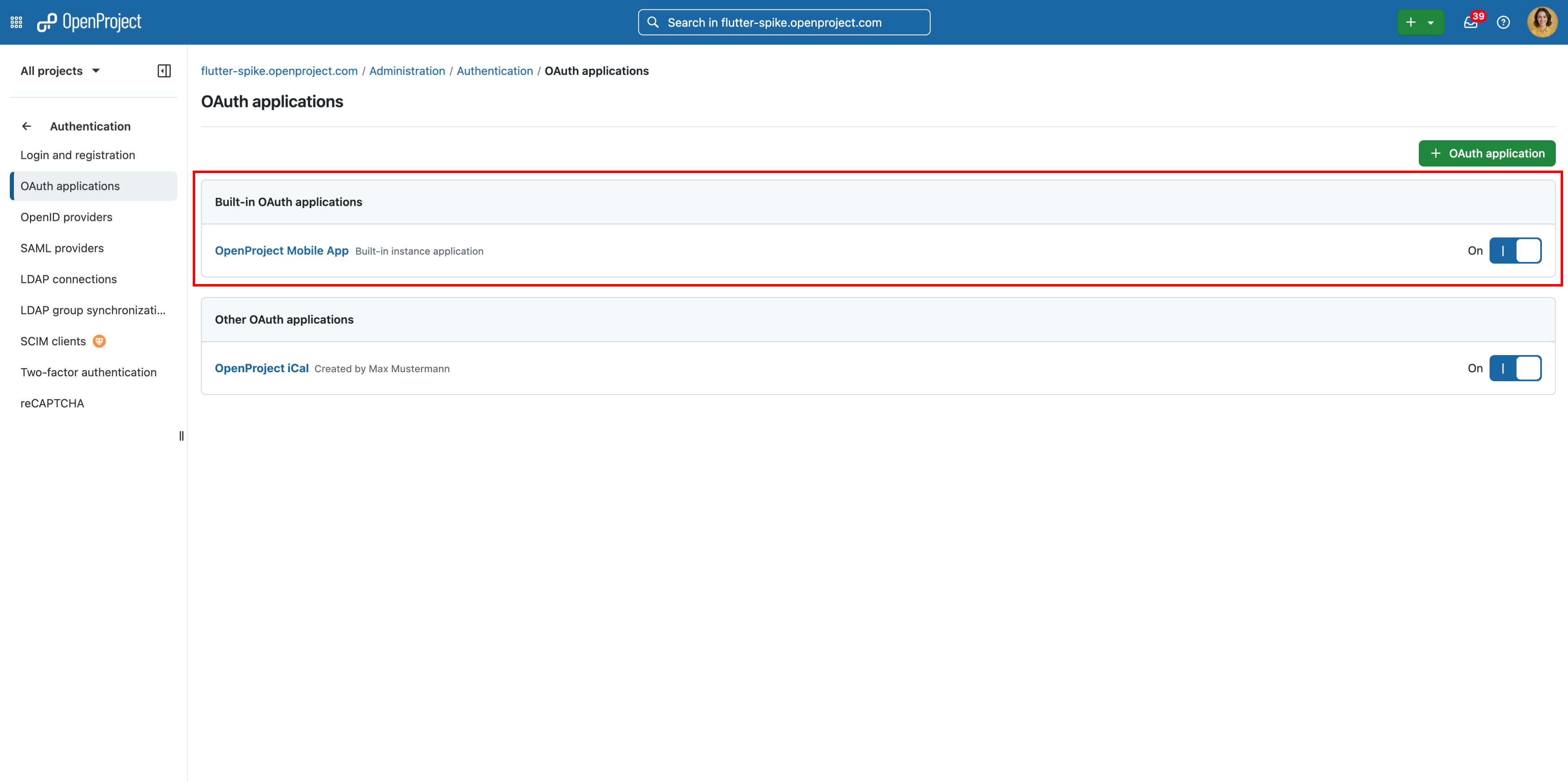 Applications setting to enable the built-in OAuth in OpenProject