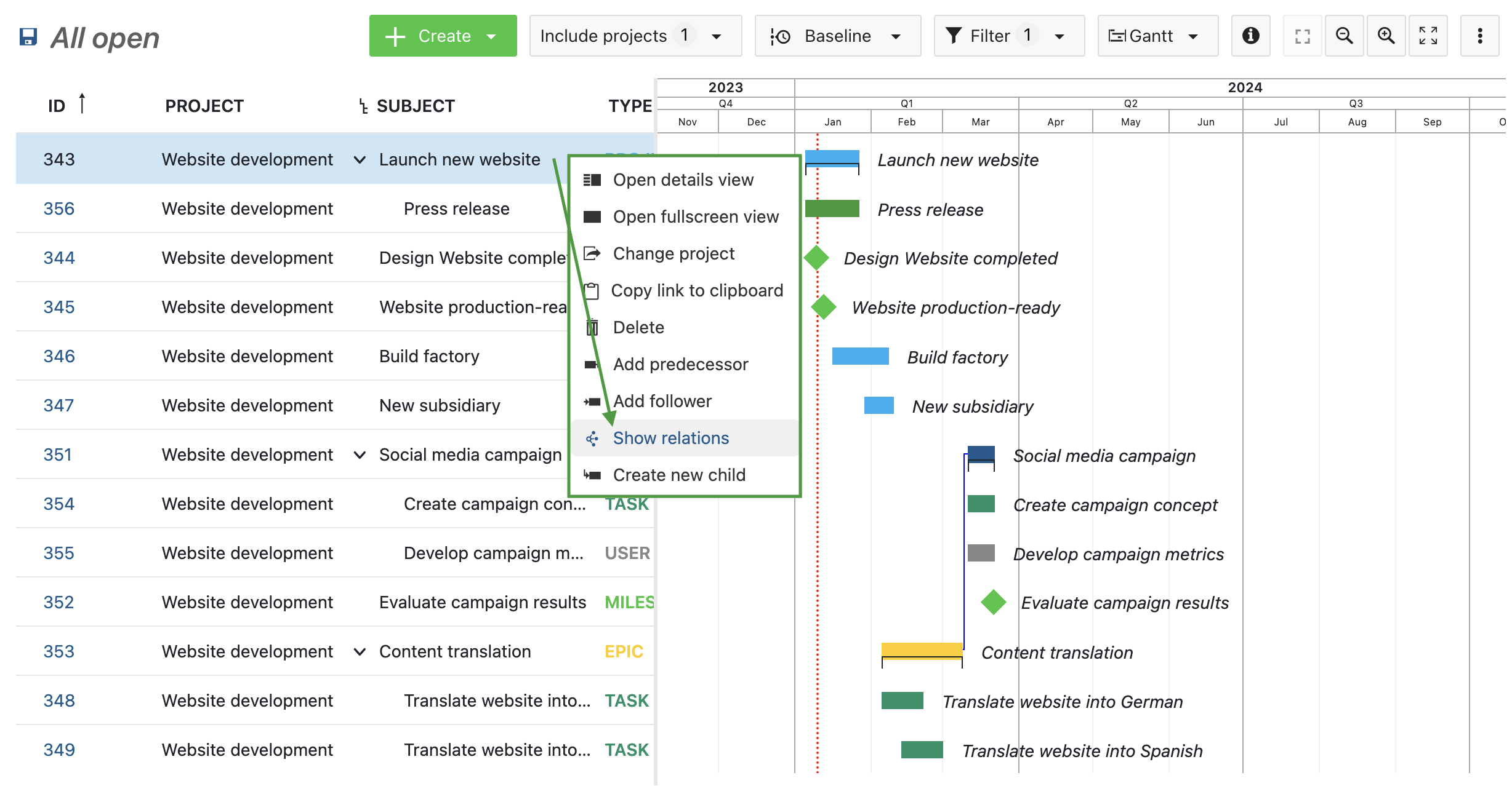 Quick context menu in Gantt charts in OpenProject