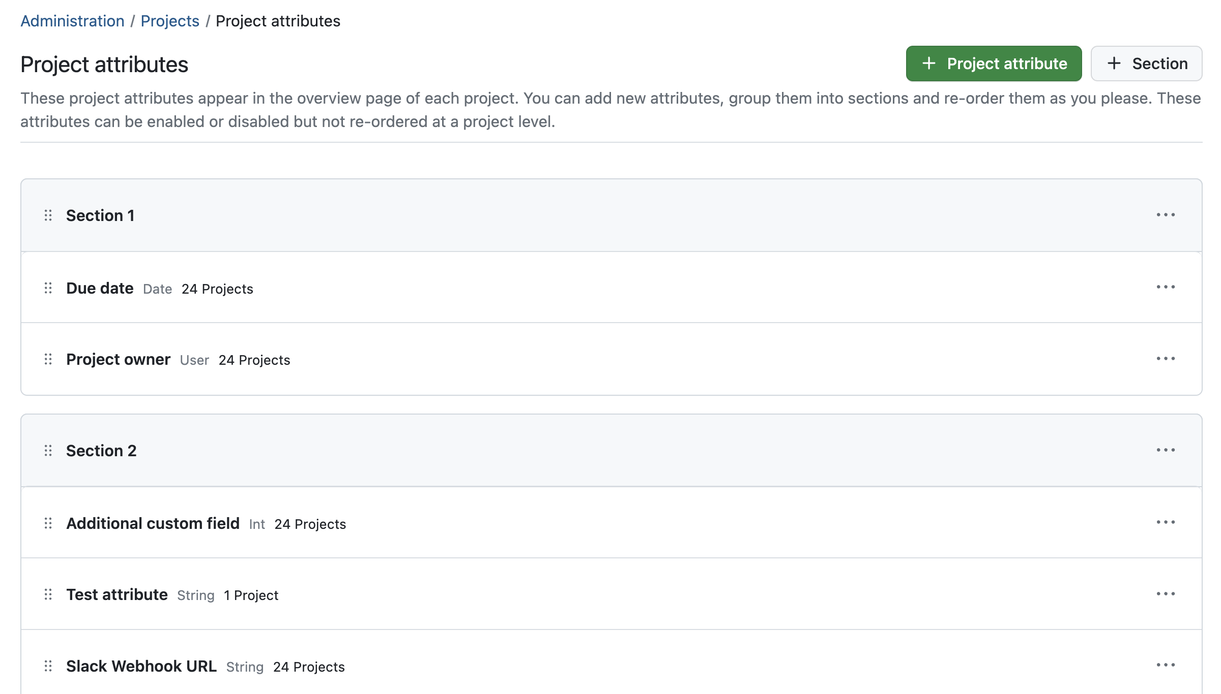 Manage project attributes and sections in administration