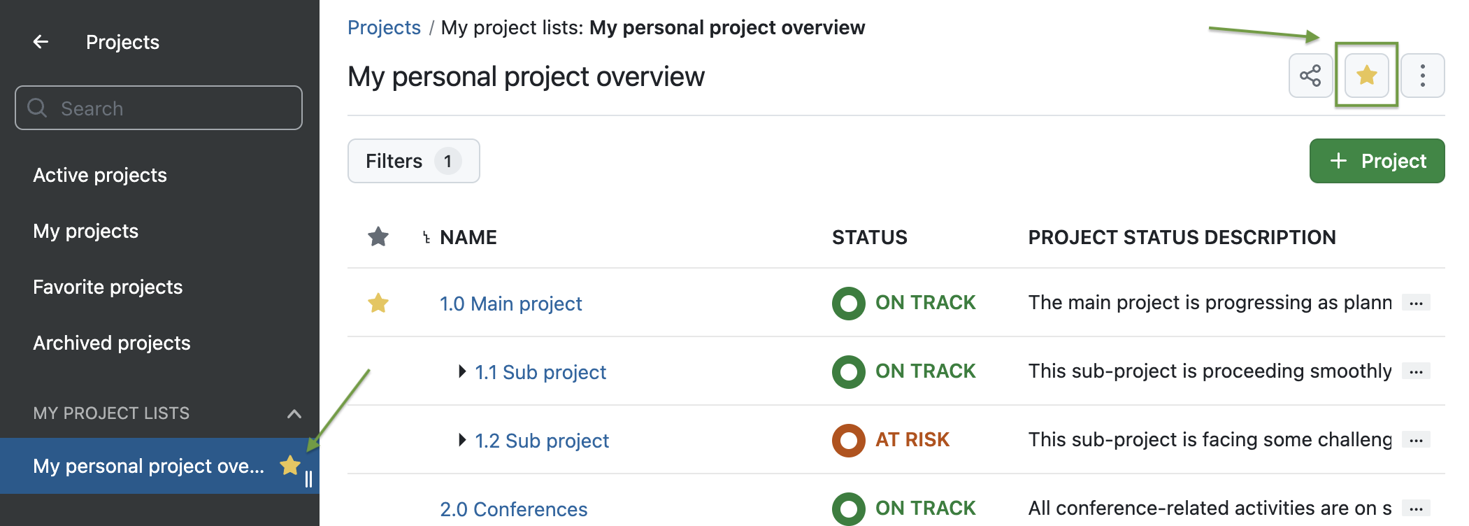 Screenshot of a private project list and highlighted yellow stars - one as a button on the top right, one next to the name in the project lists overview