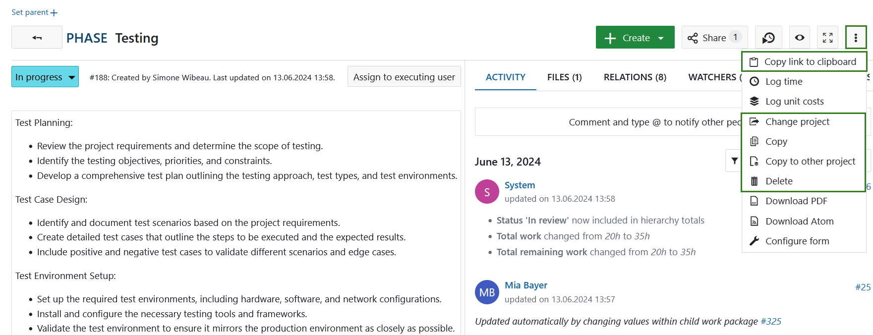 Detailed view of a work package, drop down menu with highlighted ‘Copy link to clipboard’