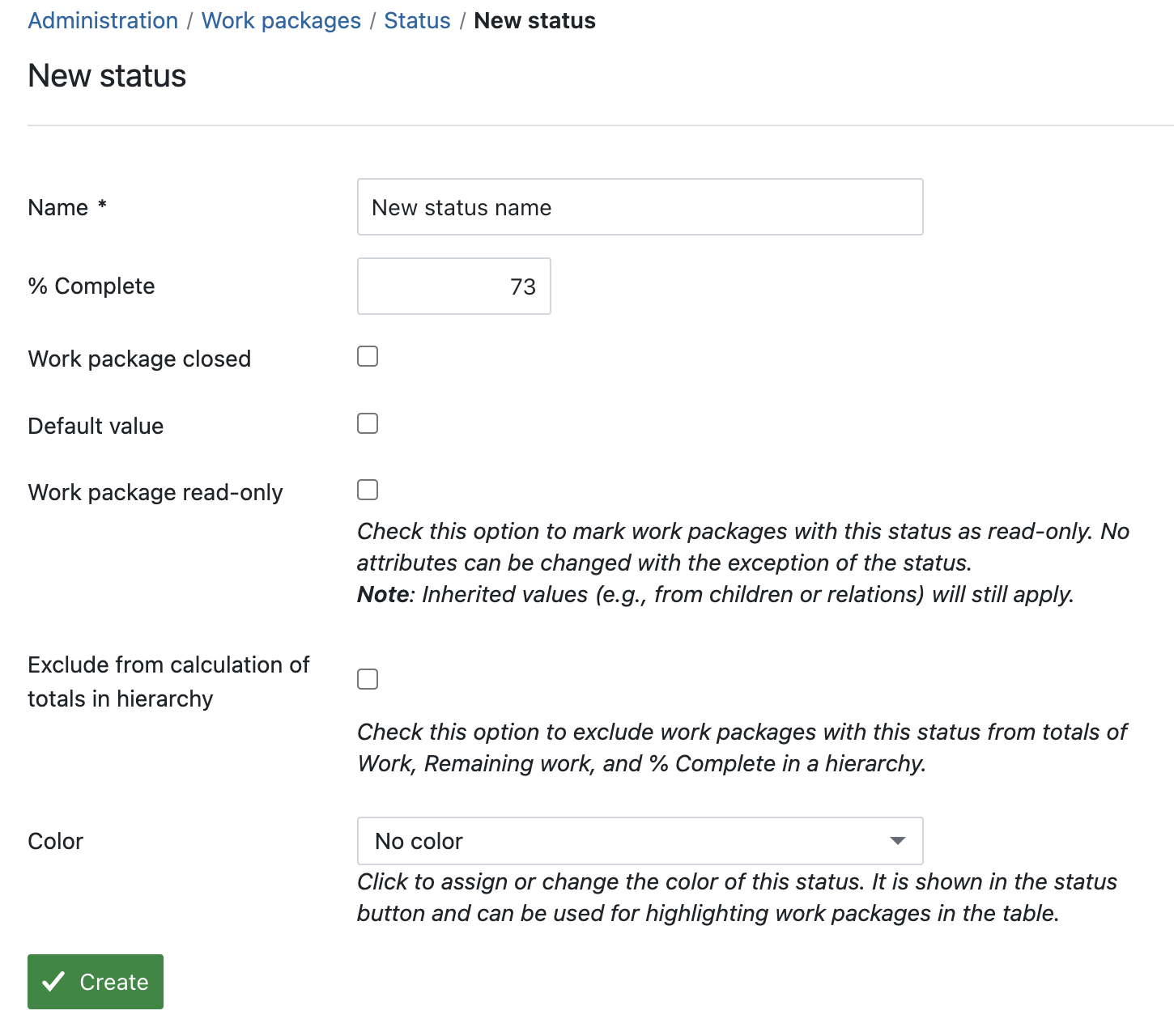 Screenshot showing the OpenProject administration for a new status with % Complete 73%