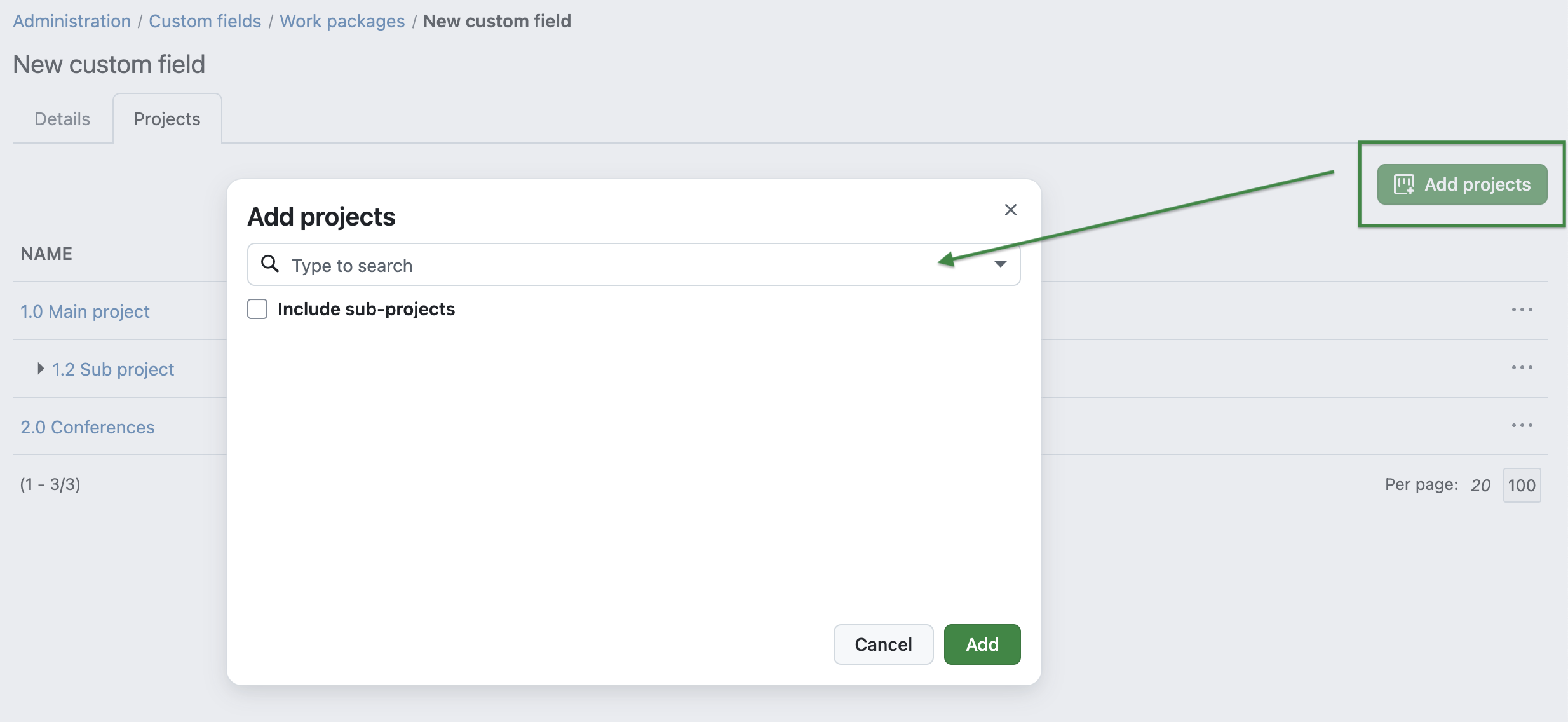 Screenshot showing the new administration page to add custom fields to multiple projects