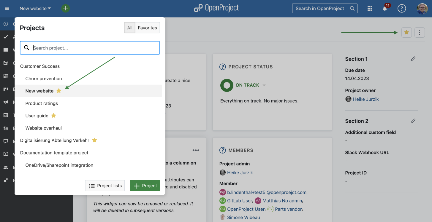 OpenProject dropdown menu showing favorite projects, displayed with yellow stars