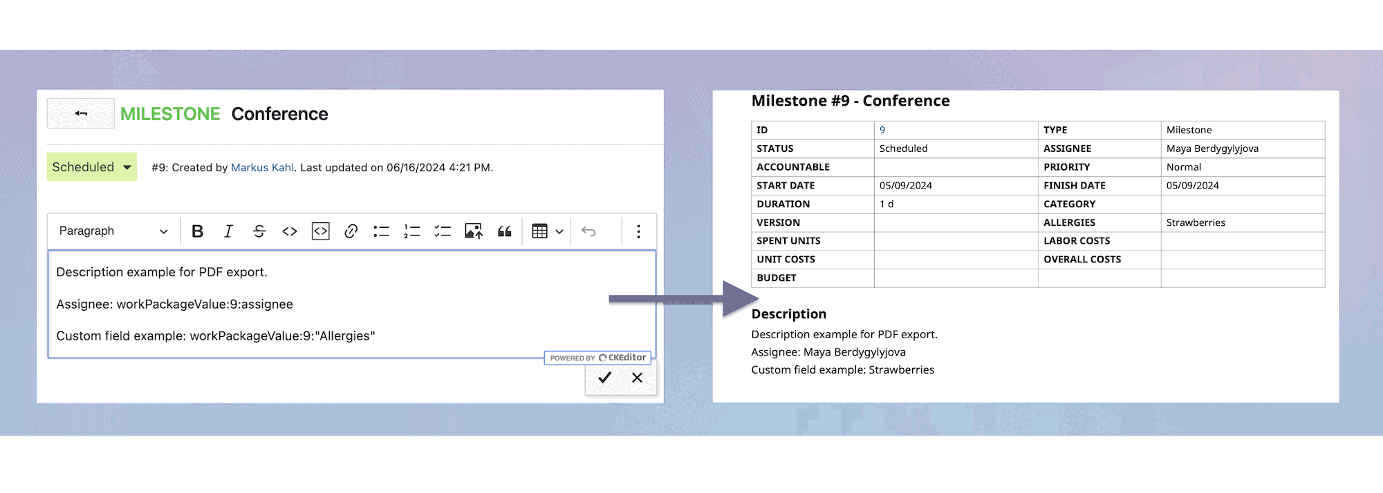 Two screenshots, one showing embedded work package attributes and the other the exported PDF