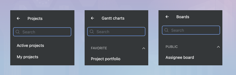 Three screenshots for project lists, Gantt module and Boards module – each showing search bars on top