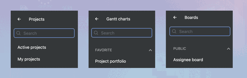 Three screenshots for project lists, Gantt module and Boards module – each showing search bars on top