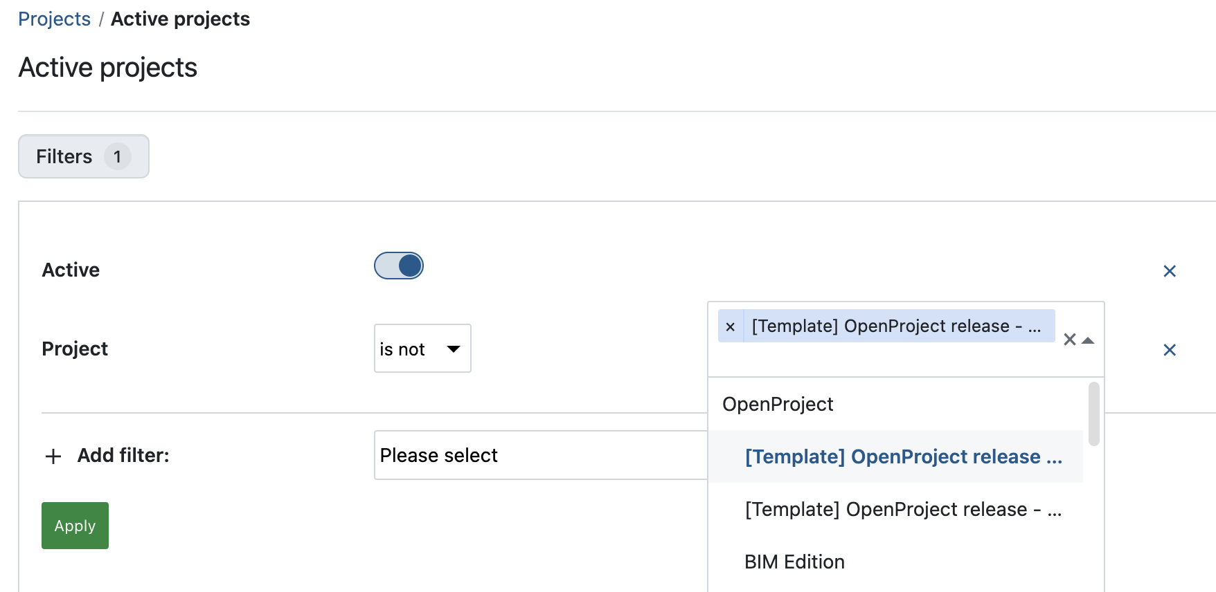 Screenshot of OpenProject 14.4, filtering project lists with ‘Project’ ‘is not’