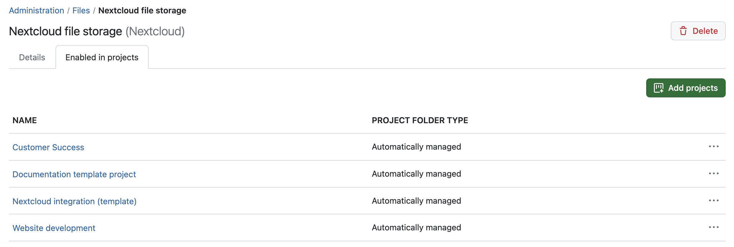 Example screenshot of the admin page of a Nextcloud file storage, showing the ‘Enabled in projects’ tab