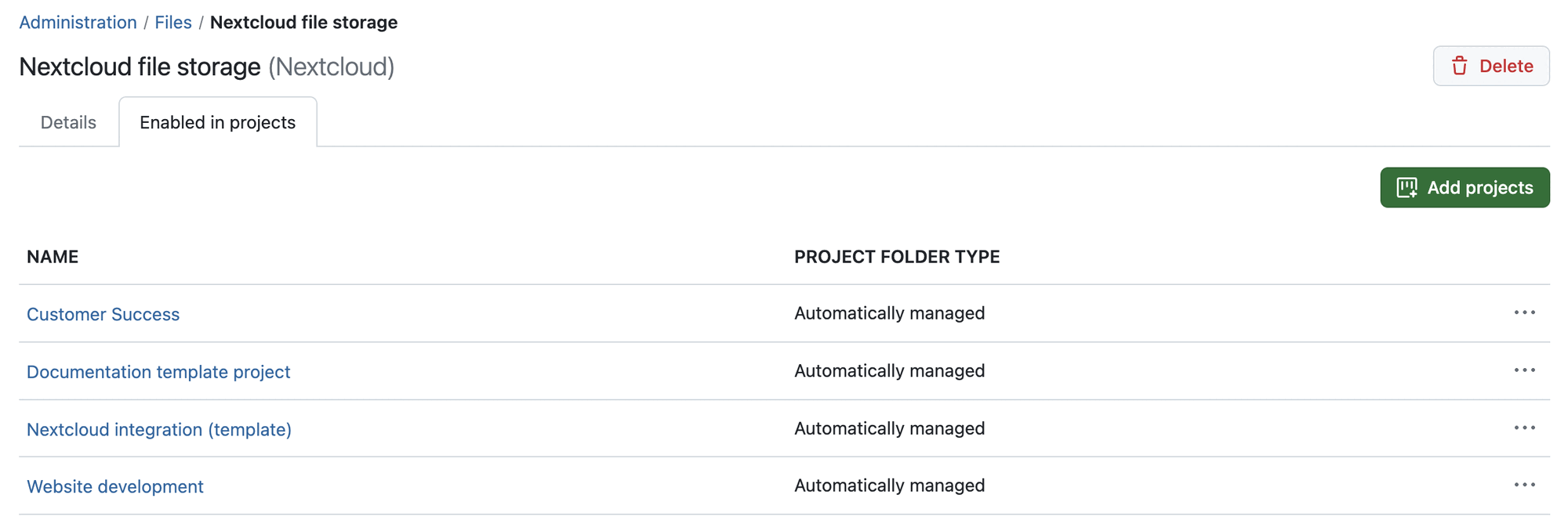 Example screenshot of the admin page of a Nextcloud file storage, showing the ‘Enabled in projects’ tab
