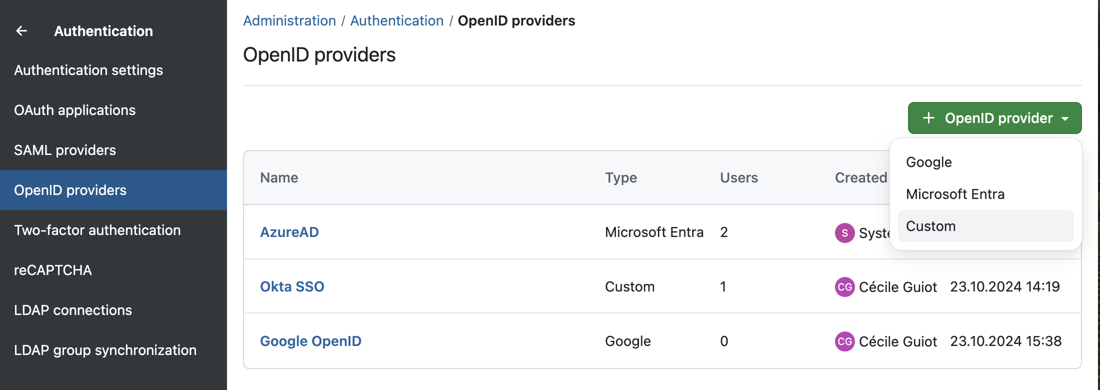 Example screenshot of the administration screen if you want to add an OpenIDprovider in OpenProject