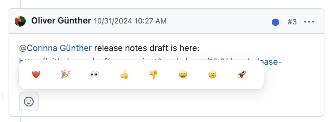 Example screenshot showing emoji reactions in OpenProject’s work package comments