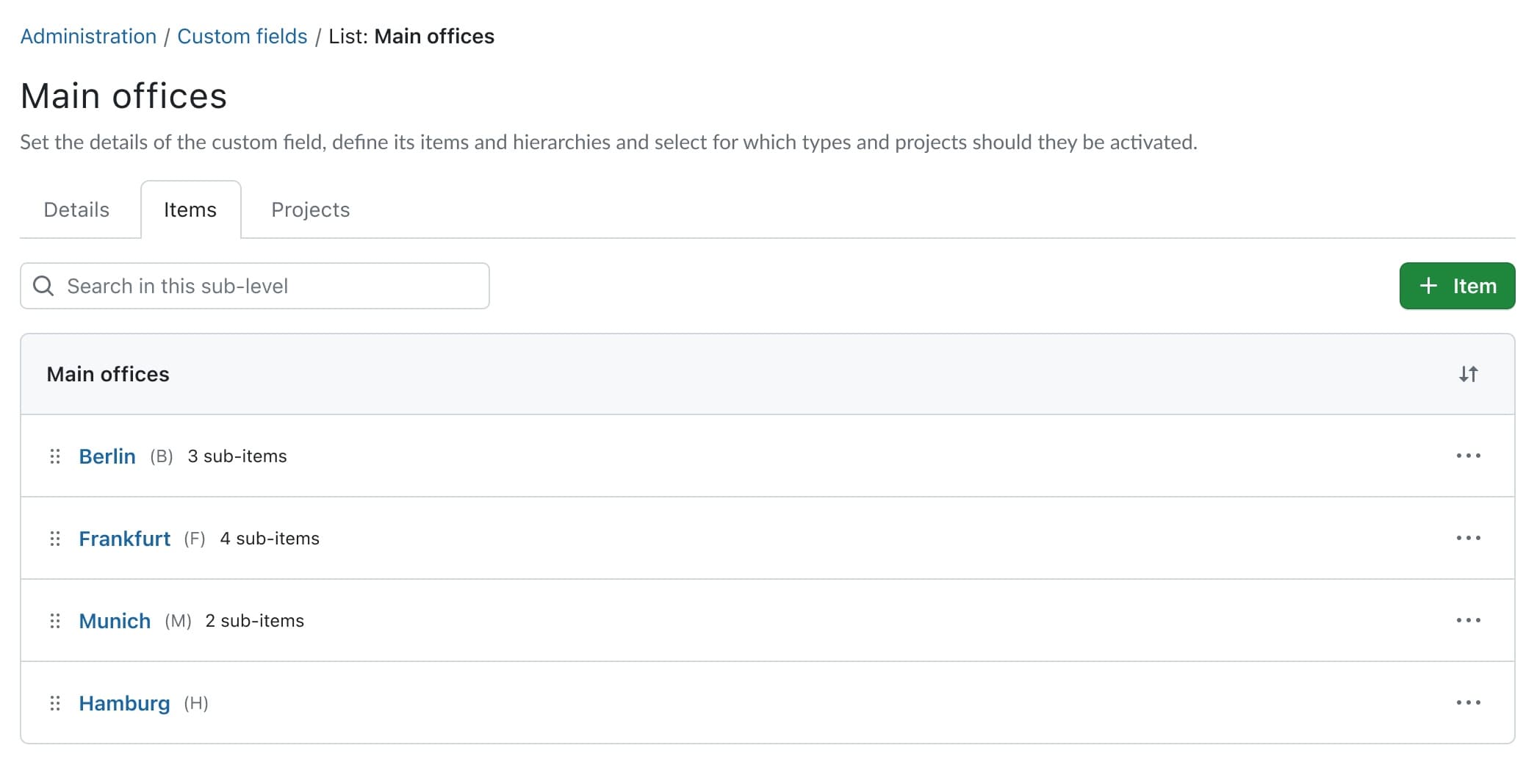 Example screenshot of custom fields of type hierarchy, displaying different cities as main offices