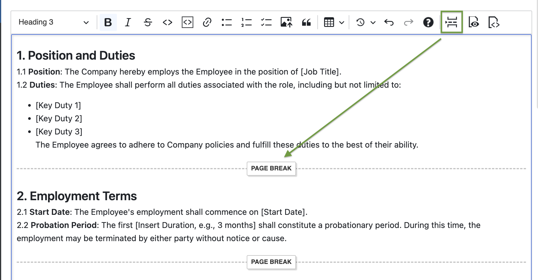 Example of a work package description with an employee contract and inserted page breaks