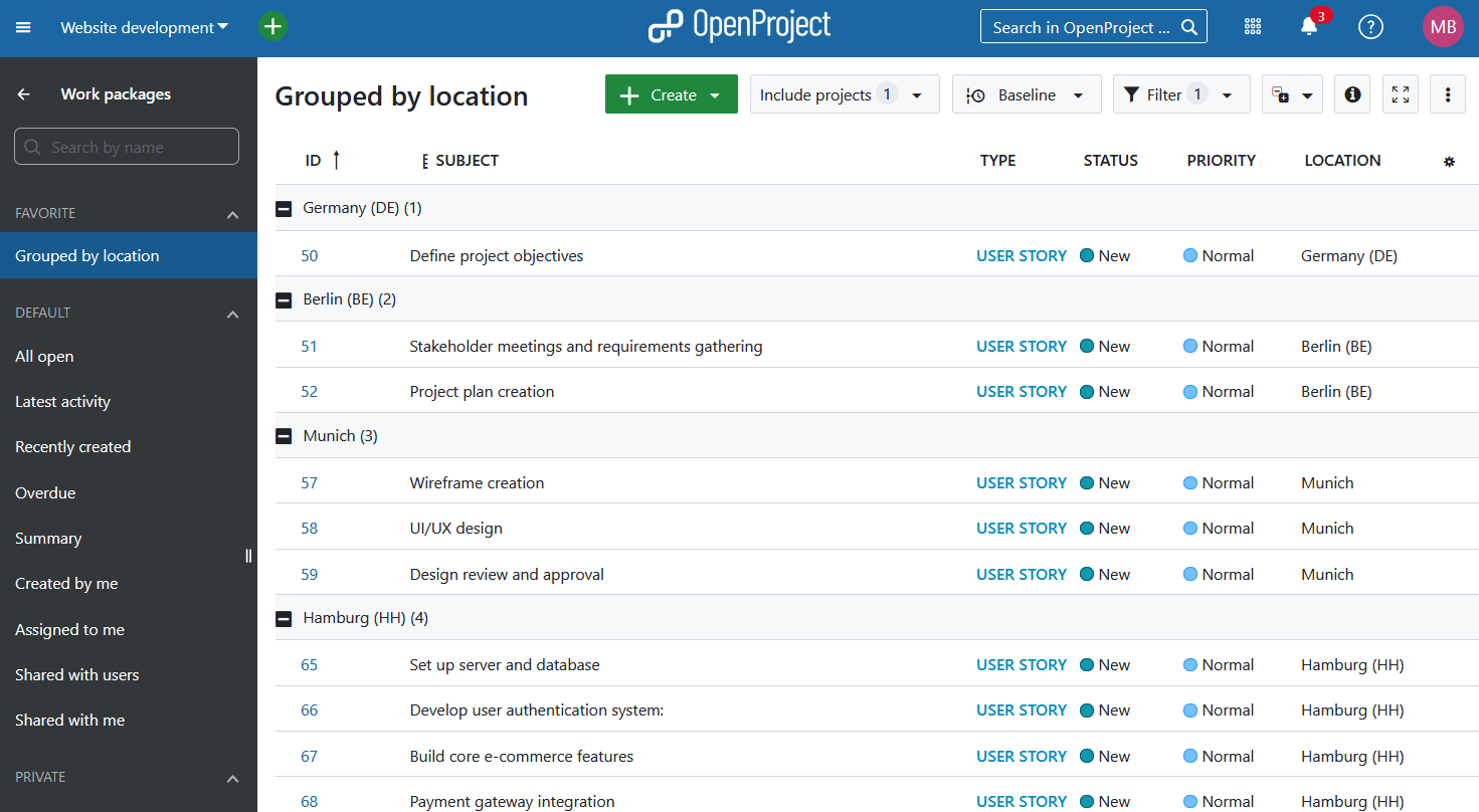 Work packages grouped by a custom field of type hierarchy