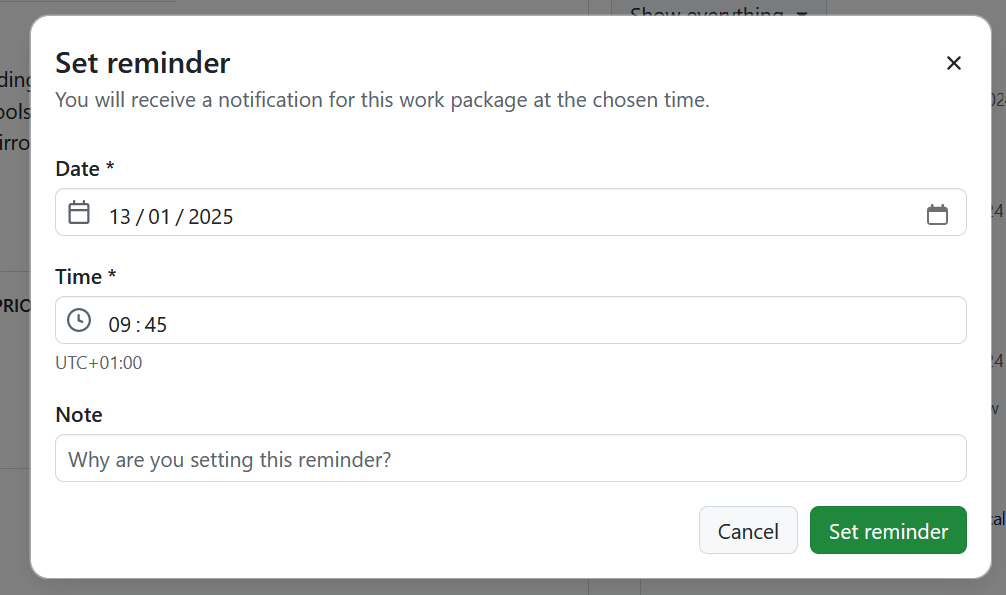 Set a work package reminder in OpenProject