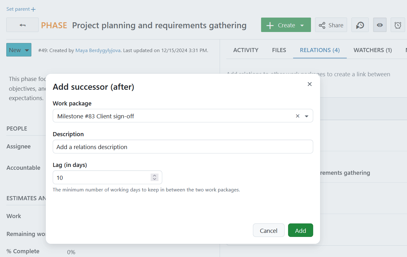 Specify predecessor/successor work package relations in OpenProject