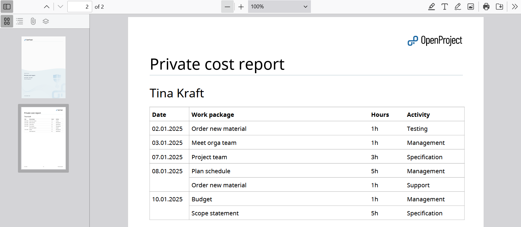 A timesheet PDF export example