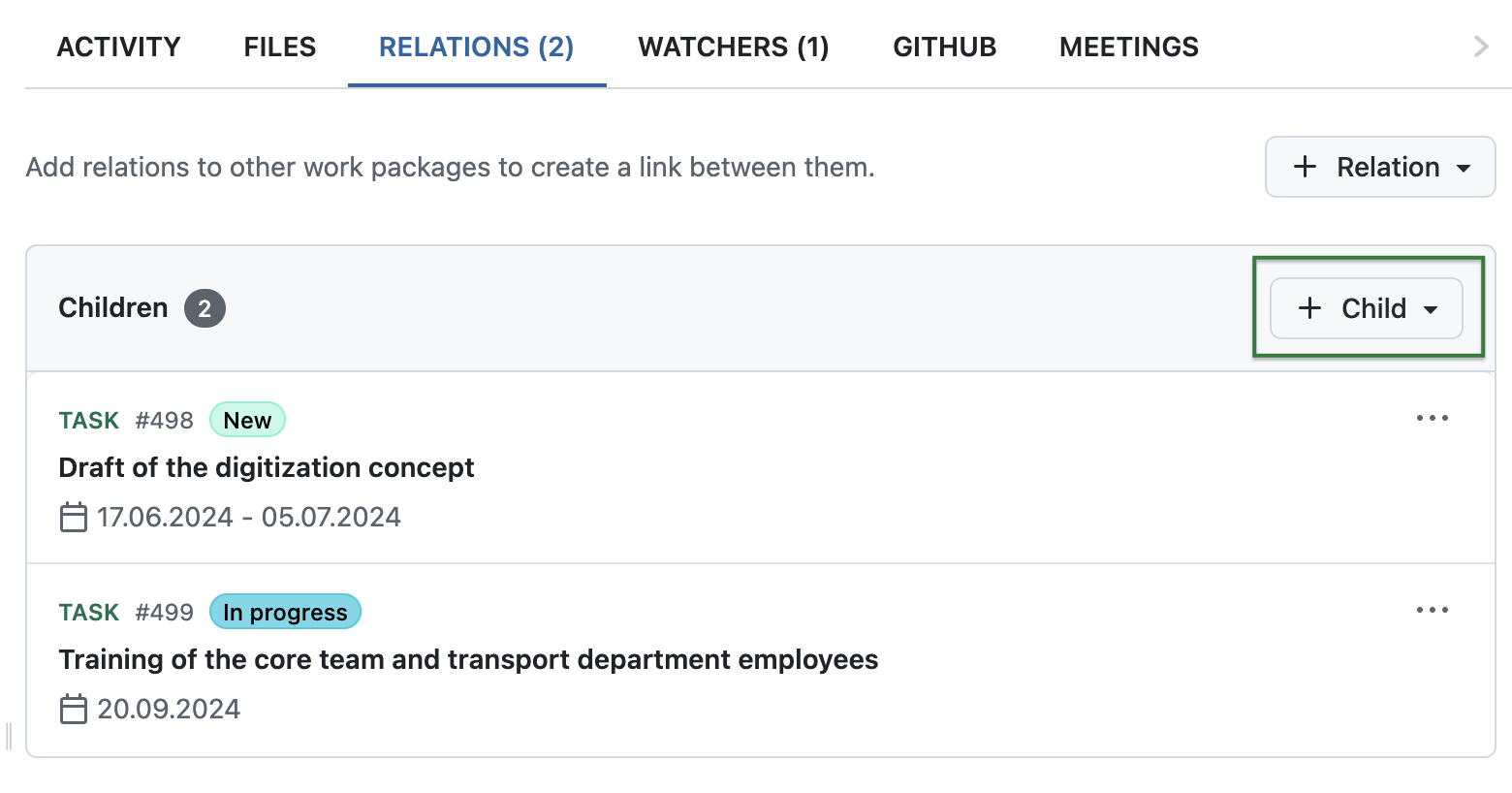 Screenshot showing the +Child button in the Relations tab of work packages