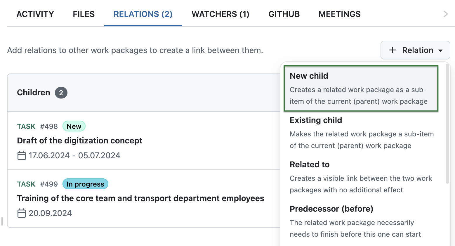 Screenshot showing the +Child actions in the dropdown list of the Relations tab