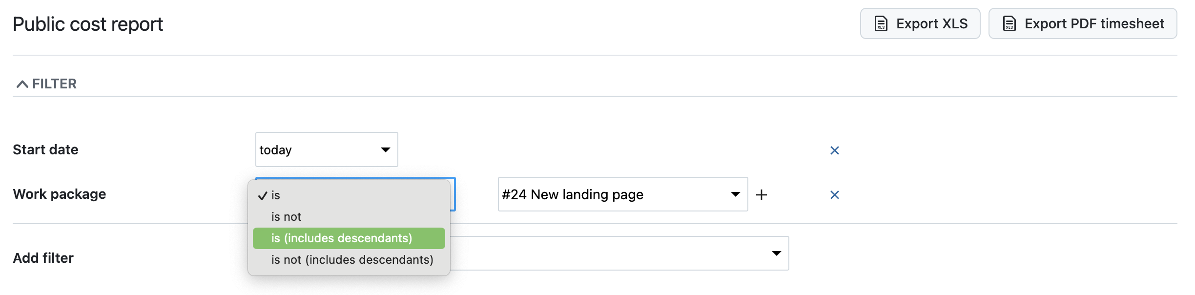 Screenshot showing the dropdown in a cost report filter, highlighting the new ‘is (includes descendants)’ option