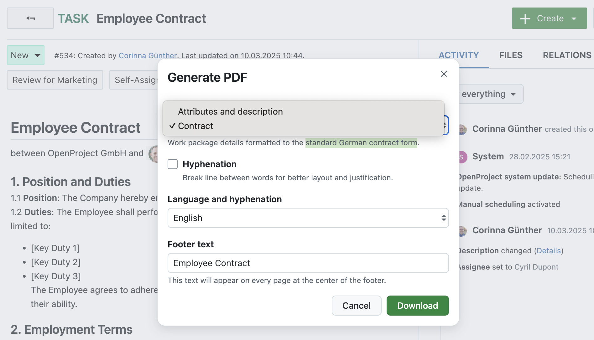 Screenshot: OpenProject work package, the option to Generate PDF with “Contract” selected as template