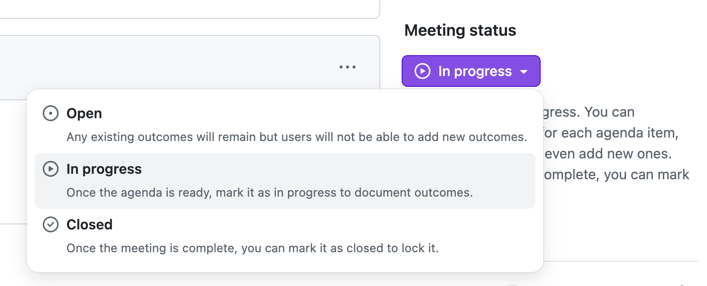 Screenshot: OpenProject’s Meetings module, setting a meeting status