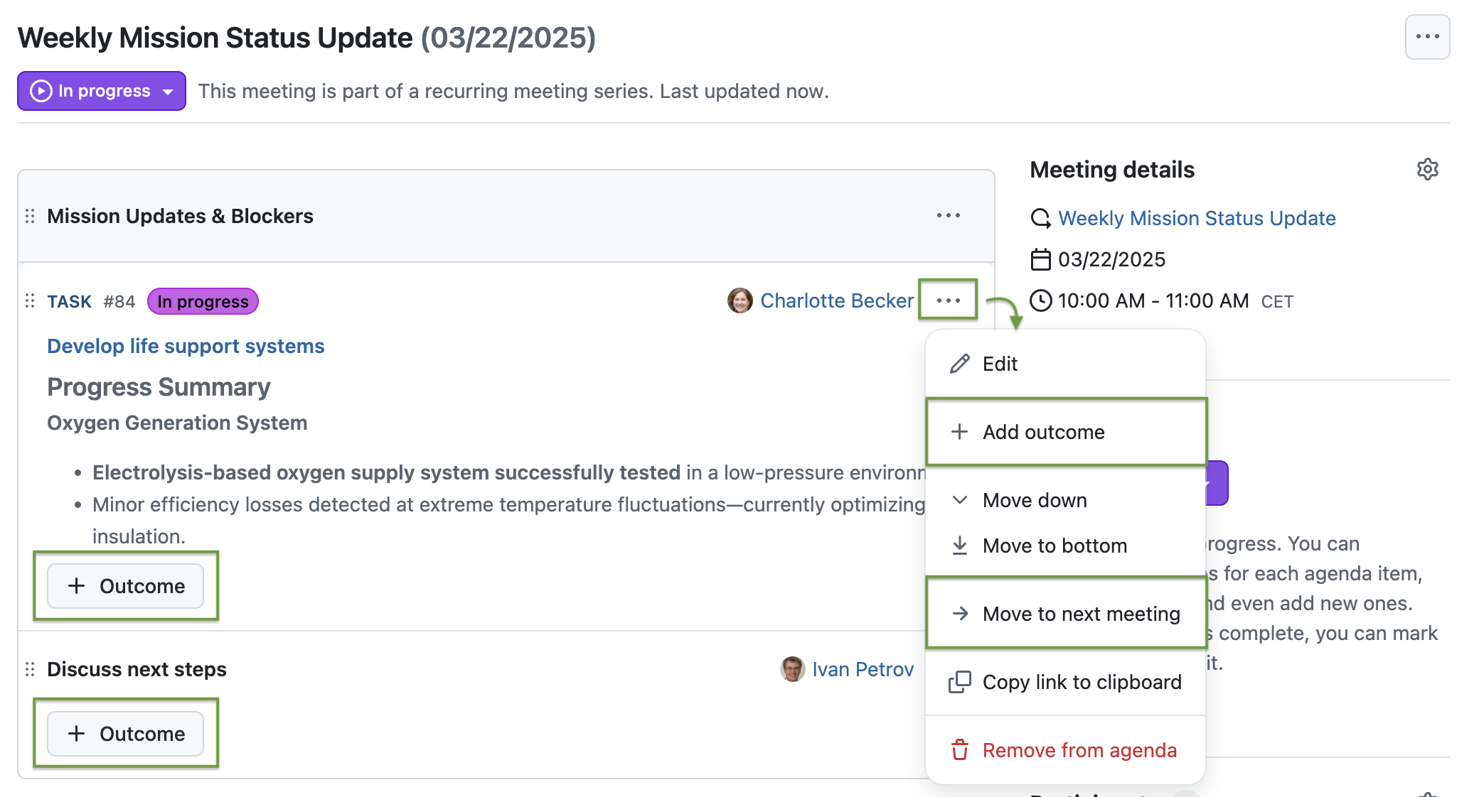 Screenshot: OpenProject’s Meetings module, options for an agenda item if the meeting status is ‘in progress’