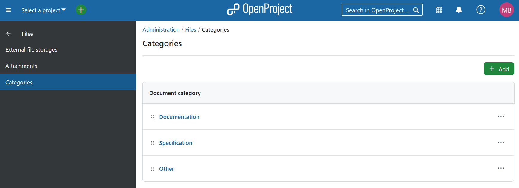 Screenshot: The OpenProject administration of document categories