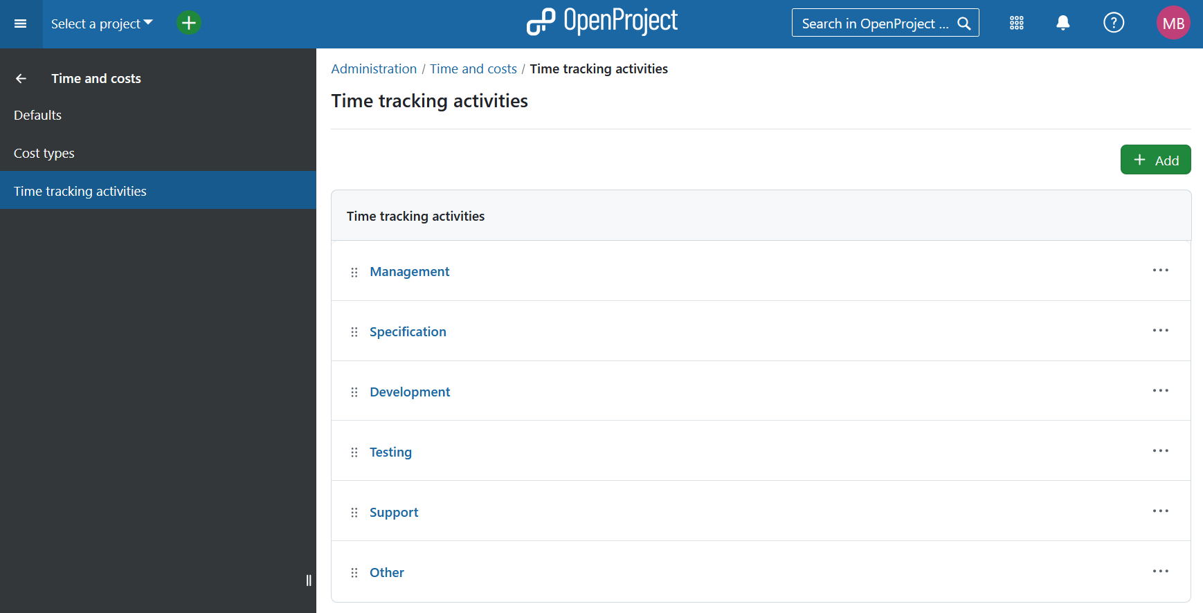 Screenshot: The OpenProject administration of time tracking activities