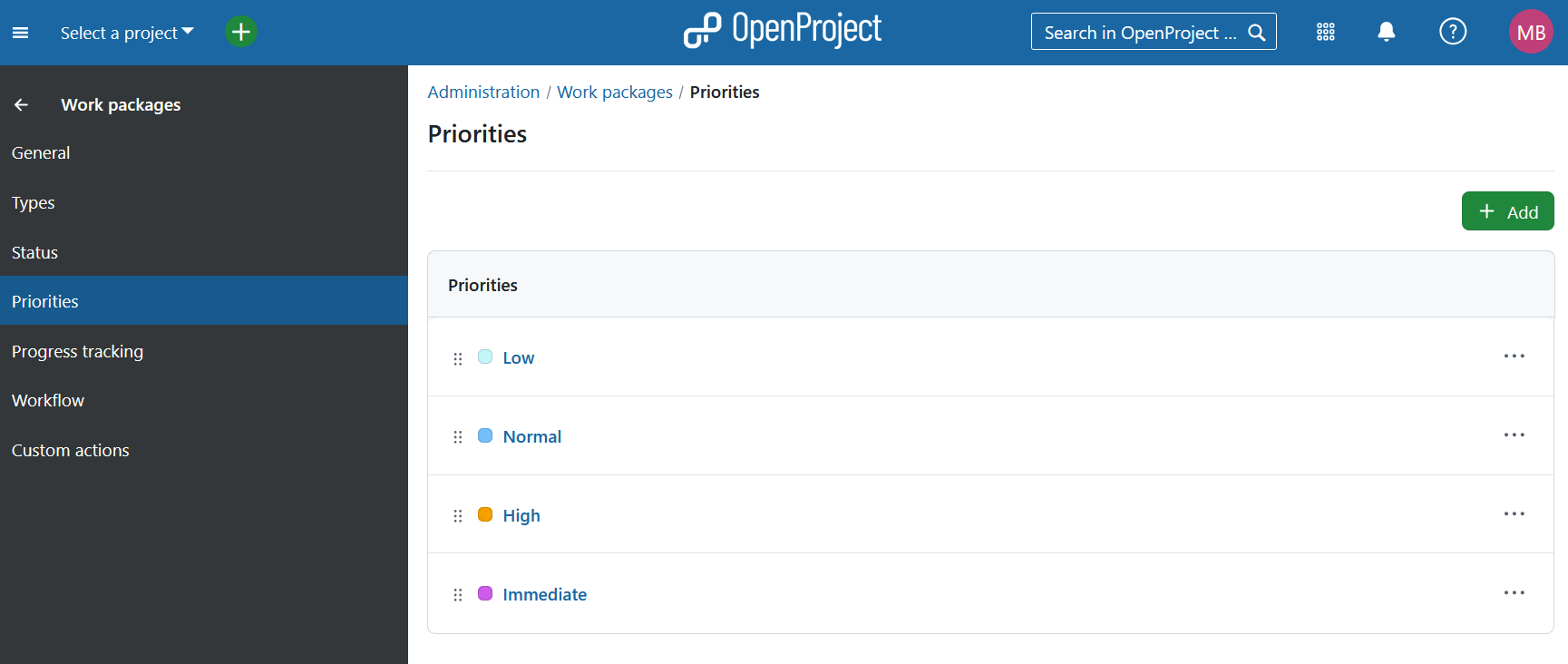 Screenshot: The OpenProject administration of work package priorities