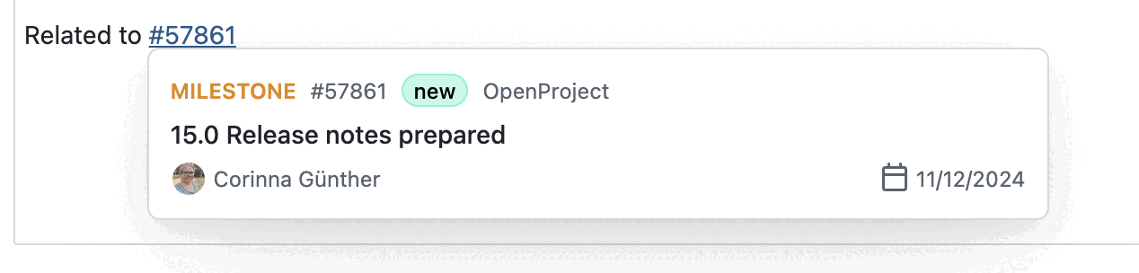 Example screenshot showing a work package hovercard