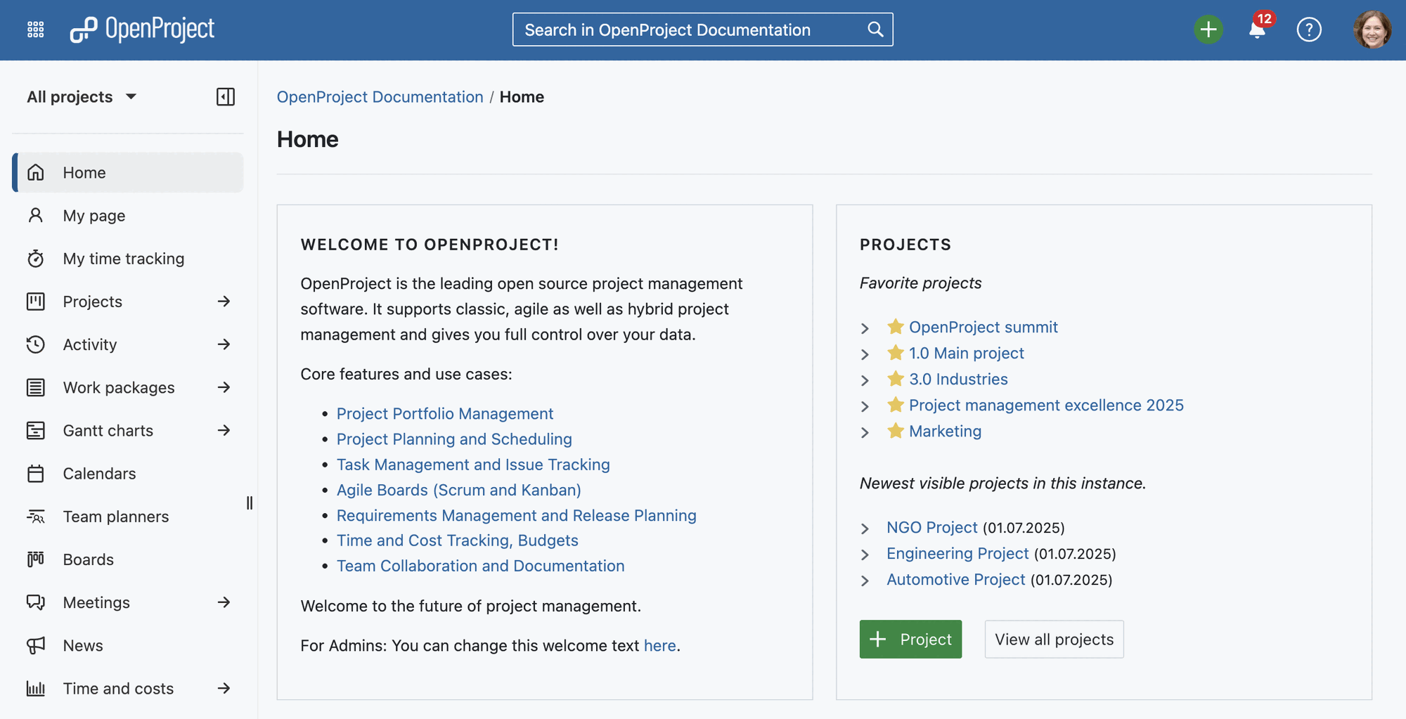 OpenProject Home page with the new header and sidebar navigation and design