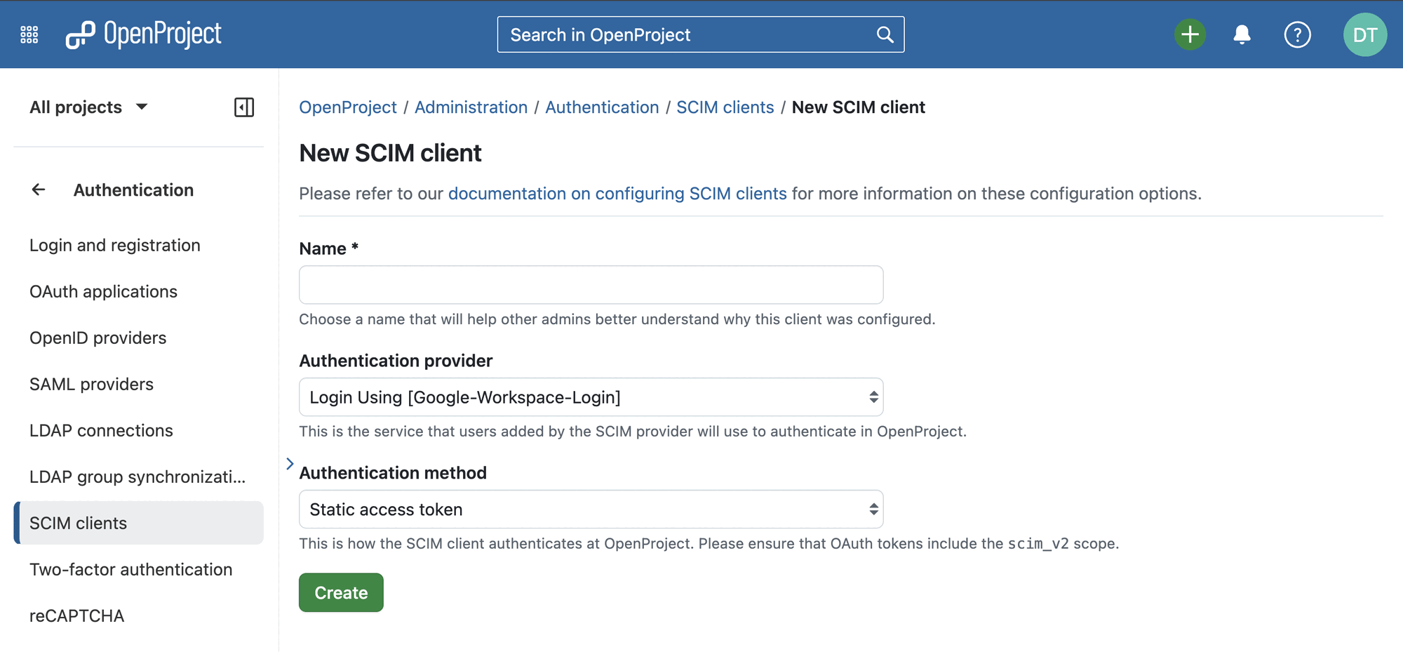 OpenProject administration with option to add a new SCIM client