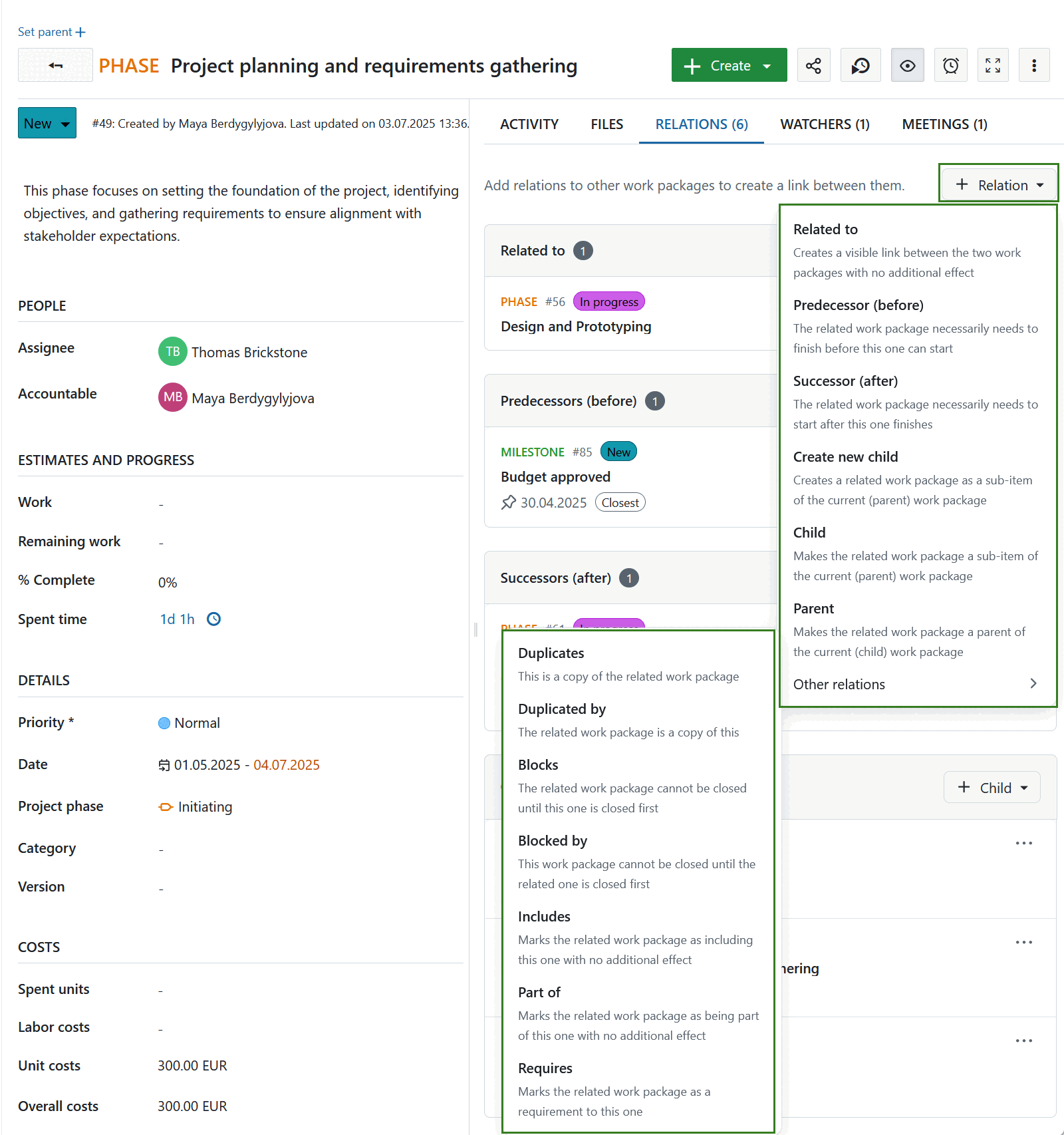 OpenProject work package Relations tab when clicking on +Relation, showing some relations unfolded under ‘Other relations’